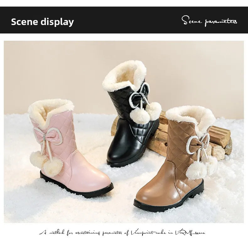 2025 Winter New Fashion Children Princess Boots Waterproof Girls Warm Boots with Bow Kids Snow Boots with Fur Plush