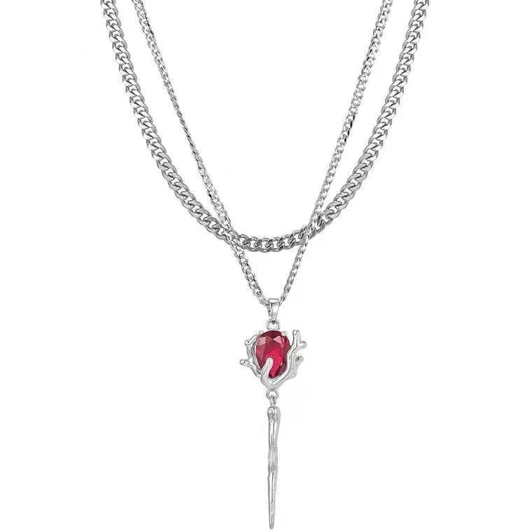 Two-Layer Mixed Chain Silver Necklace, Irregular Frame Red Crystal Thorn Pendant Gothic Cool Stack Collarbone Jewelry for Women