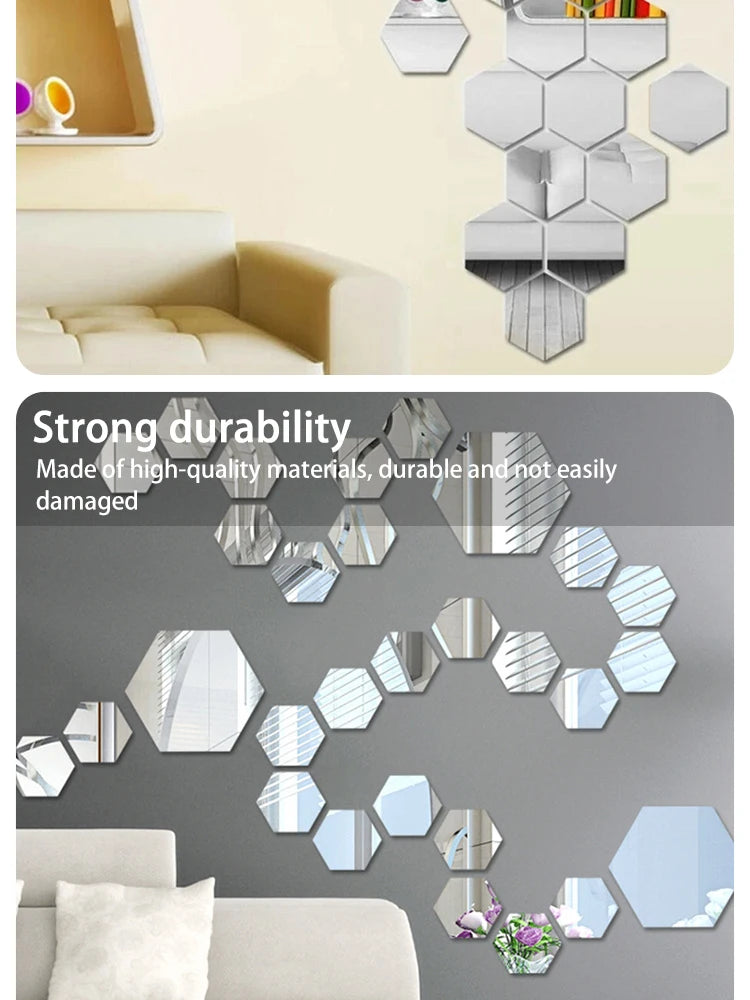 Hexagonal Mirror Wall Decals | Self-Adhesive 3D Acrylic Decorative Mirrors | Creative Wall Decals for Living Rooms and Bedrooms