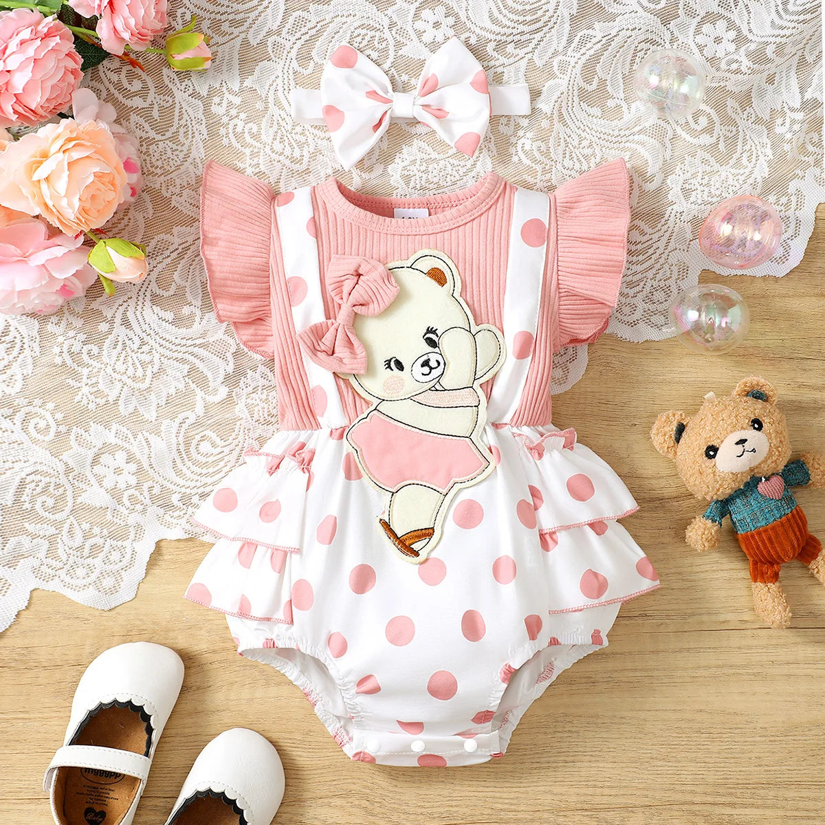 Fashionable Baby Girls' Casual Polka Dot Pattern Round Neck Flying Sleeve Cartoon Bear Embroidery Overall Dress With Hair Band,