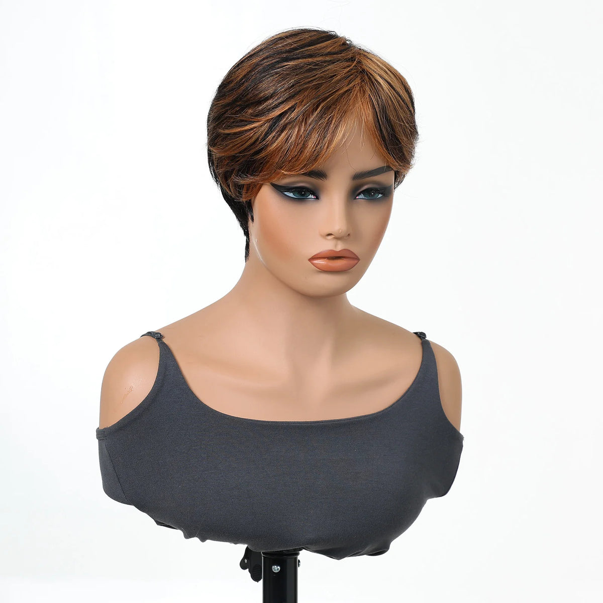 100% Human Hair Wig Short Bob Pixie Cut Highlight Wig Brown Mixed Blonde Straight Hair With Bangs For Black Women Natural