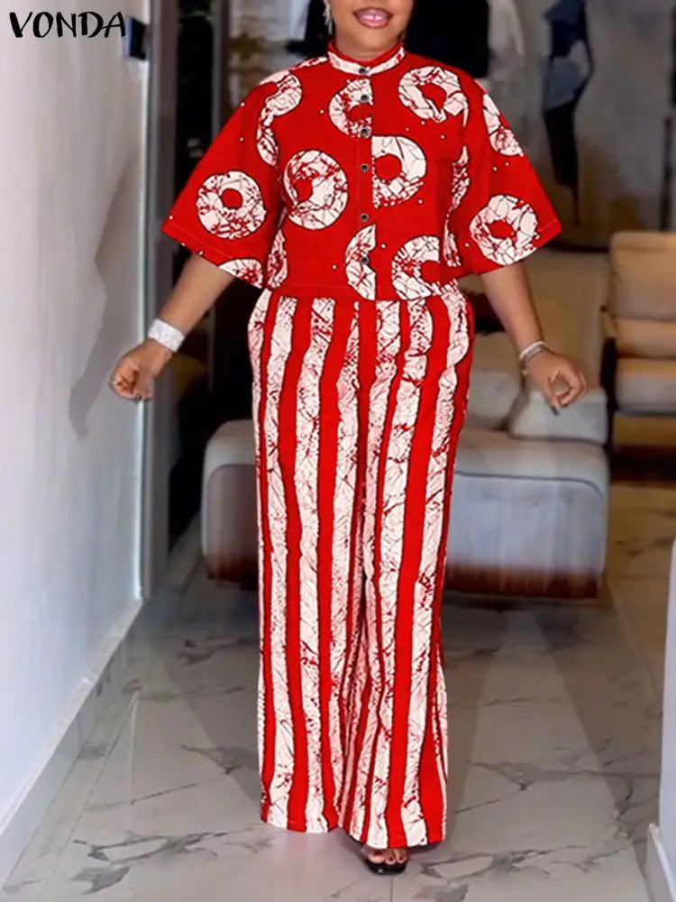 Ensemble 2 Pièces Grande Taille Femme 5XL | Boho Manches 3/4 | Chemise Imprimée & Pantalon Large | Vintage