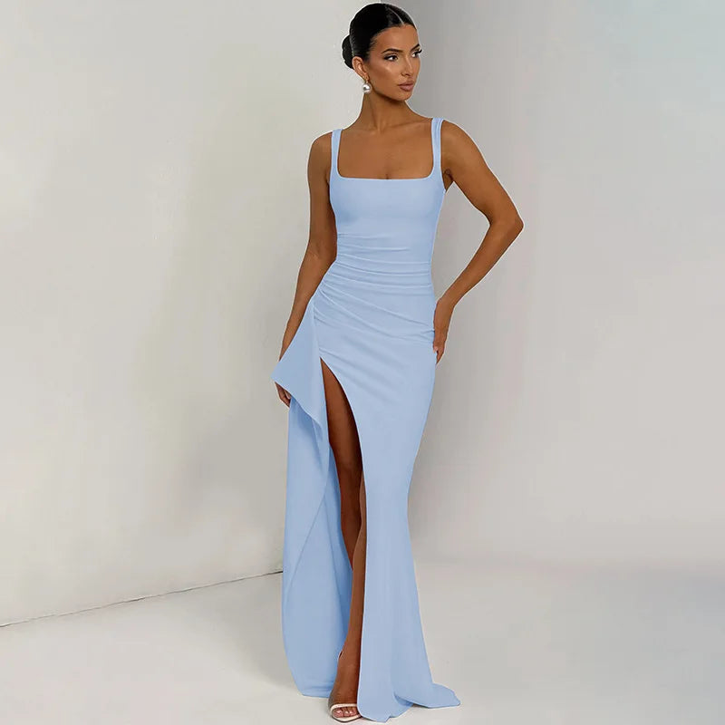 Robe Midi Bodycon Soirée Femme | Bretelles Spaghetti | Col Carré Fente | Sexy Formelle Prom | Longue Gala