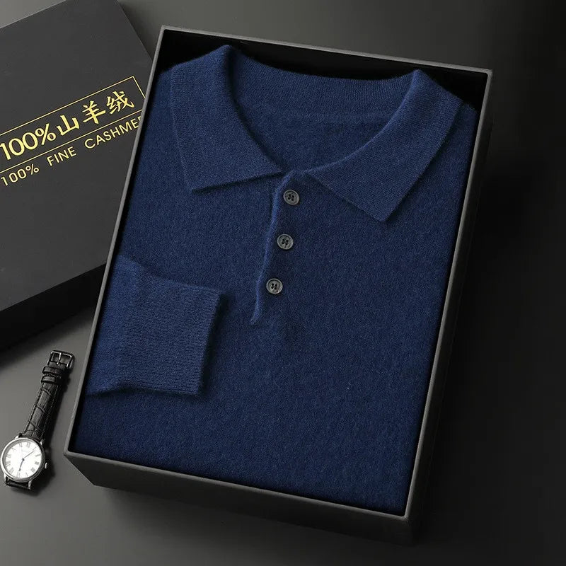 Luxury Men's Cashmere Sweater 100% Merino Wool Buttoned Pullover Autumn Winter Polo Collar Knitwear Male Casual Warm Jumper Tops
