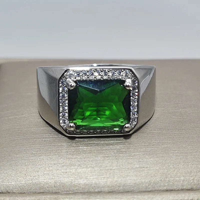 925 Sterling Silver Adjustable Ring for Men with Diamonds Sapphire and Emerald Open Design Jewelry Accessories for Men Gift