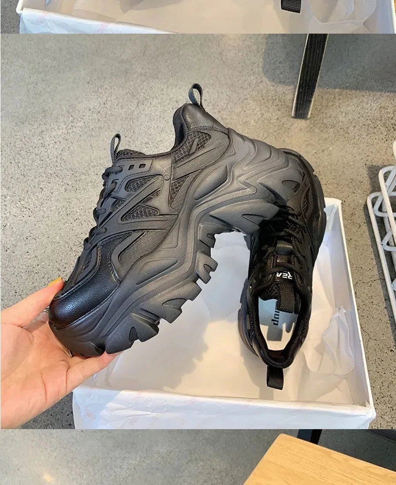 2024 New Summer Black Chunky Casual Sneakers Women New Fashion Platform Sport Shoes Mesh Leather Platform Shoes