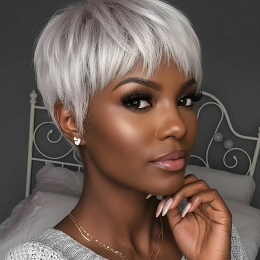 Silver Gray Textured Pixie Human Hair Wig, 100% Virgin Real Hair Short Layered Wig with Bangs Daily Wear Wig Machine Made
