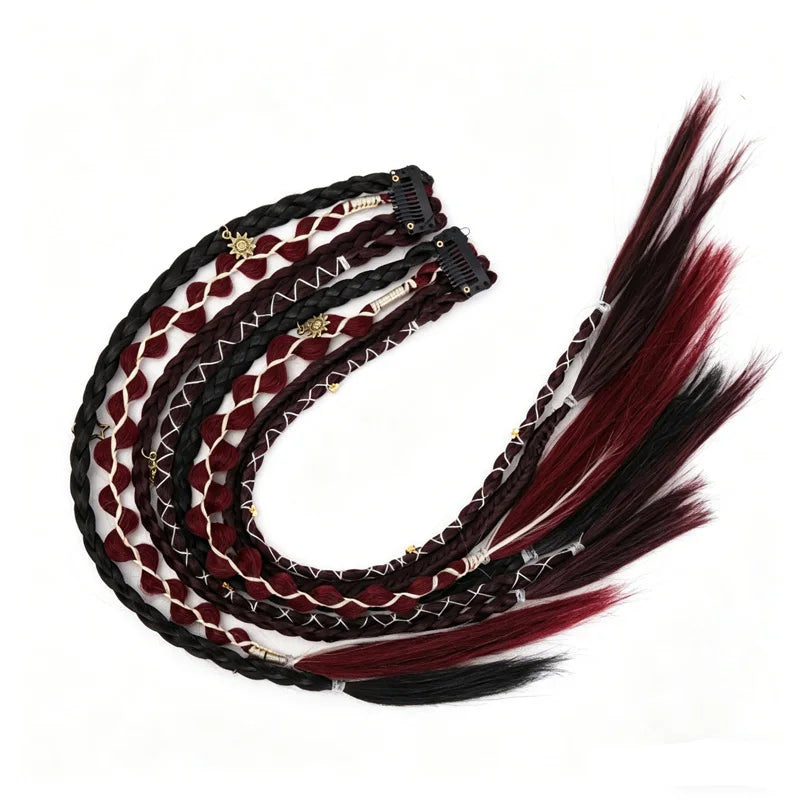 Bohemian Long Hair Braid Hand-Woven Wig Braid with Decorative Hair Accessories Easy-to-Wear Synthetic Hair Clip Braid synthetic