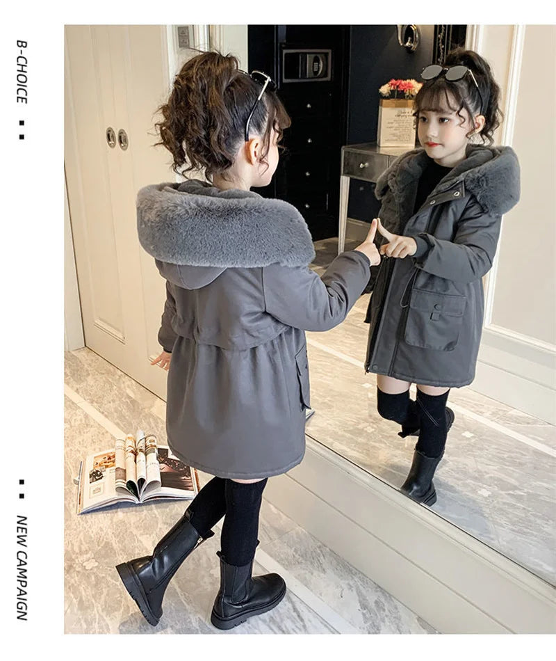Thick Girls' Jackets Plush Velvet Fur Collar Kids' Coats Children's Winter Warm Hooded Outerwear Teenager Fashion Padded Parka