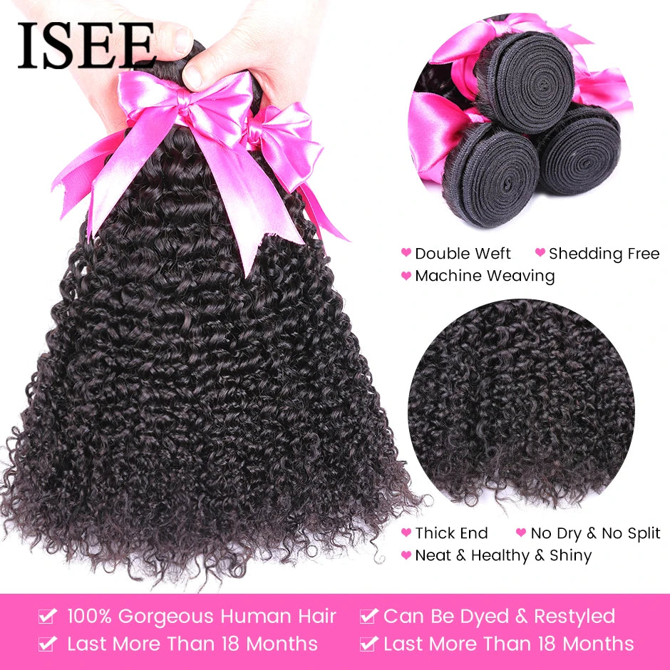 Mèches Kinky Curly Brésiliennes Remy | Couleur Naturelle | 1 à 4 Paquets | Extensions Cheveux Humains | ISEE HAIR