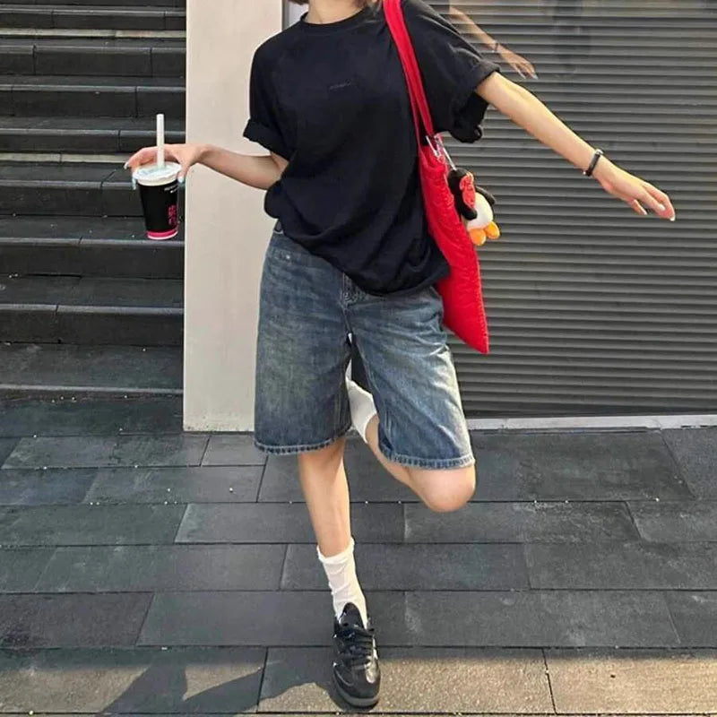 Short Jean Taille Haute Large Femme | Vintage Streetwear | Jambe Large Genou | Casual Été