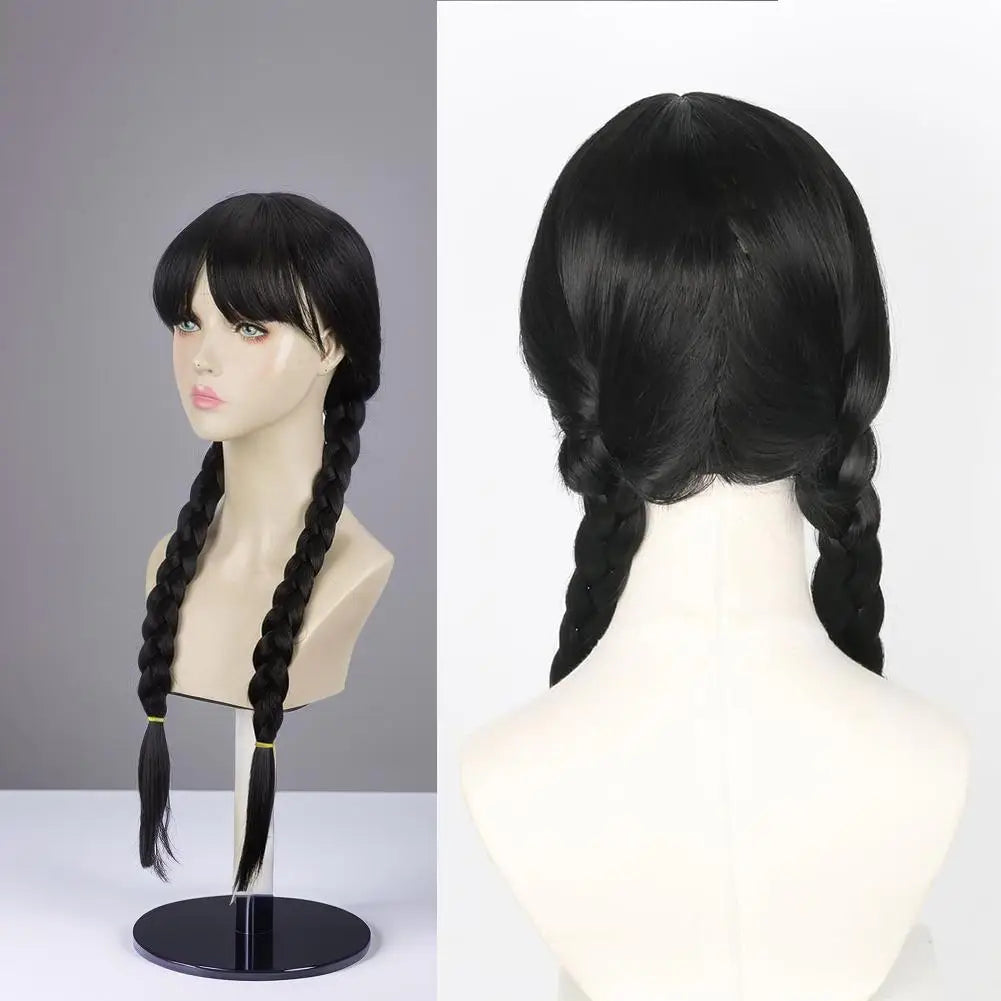 Double Ponytail Braided Wig For Wednesday Wigs Halloween Gothic Costume Braids Anime Double Black Synthetic Braided With Bangs