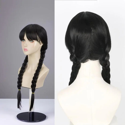 Double Ponytail Braided Wig For Wednesday Wigs Halloween Gothic Costume Braids Anime Double Black Synthetic Braided With Bangs