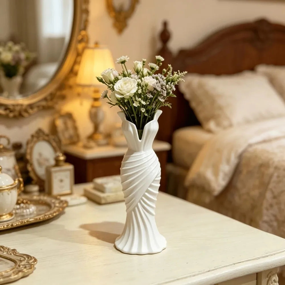 Gown-Shaped 3D Printed Flower Vases Twisted Design Minimalist-Style Elegant Dress Vase Flower Arrangement Decorative Vase