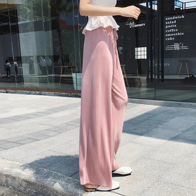 Pantalon Large Plissé Soie Glacée Femme | Taille Élastique Ample | Casual Été Mode