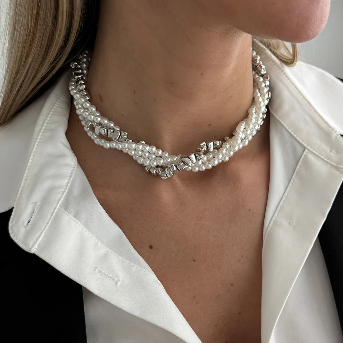 Collier Multicouche Frange Chaîne | Perle Imitation Vintage | Pendentif Choker | Bijou Mariage Femme
