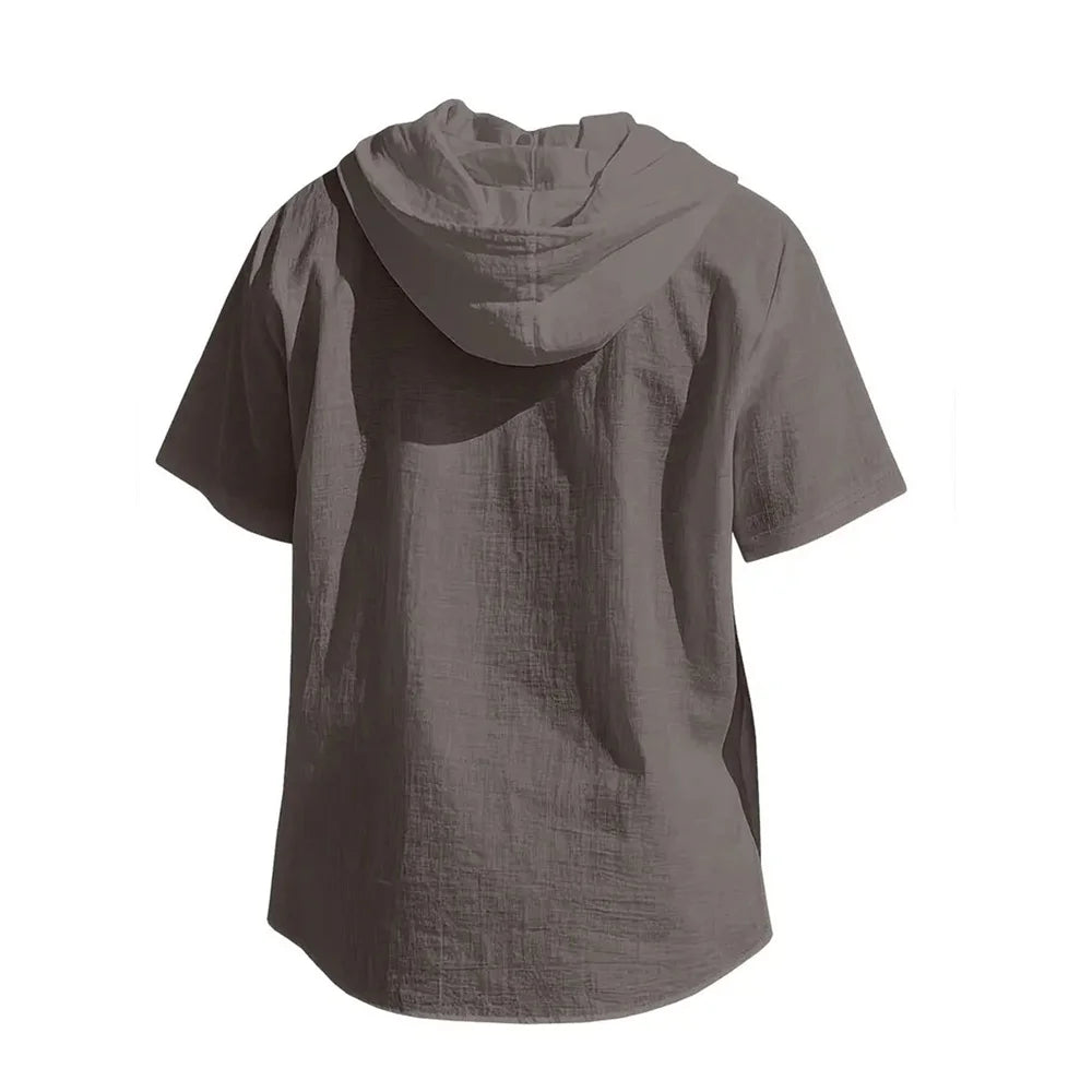 Men's Cotton Linen Hooded Short Sleeve Solid Color Breathable Lightweight Drawstring Design Shirts Casual Basic Tees