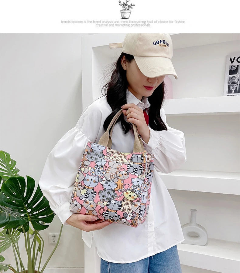 Fashionable Top-Handle Bag with Cute Cat Pattern, Portable Mommy Bag for Women