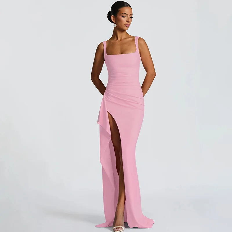 Robe Midi Bodycon Soirée Femme | Bretelles Spaghetti | Col Carré Fente | Sexy Formelle Prom | Longue Gala