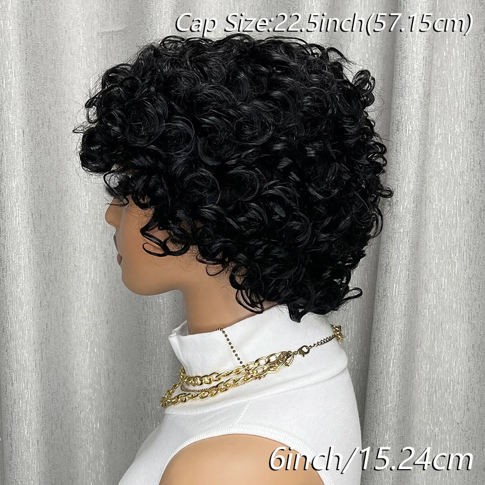 Kinky Curly Human Hair Wig Short Bob with Bangs for Black Women Machine Made Afro Curly Style Pre Plucked Natural Look Daily Wig