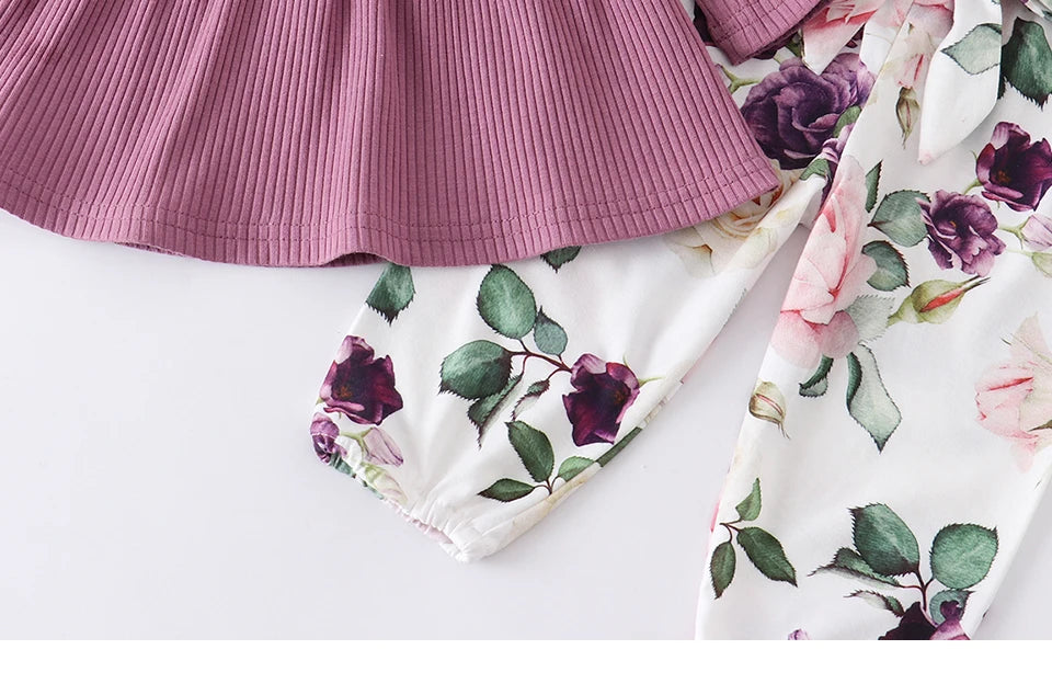Newborn Baby Girl Clothes Set Solid Knitting Long Sleeve Tops Floral Print Pants Headband 3Pcs Outfits Casual Infant Clothing