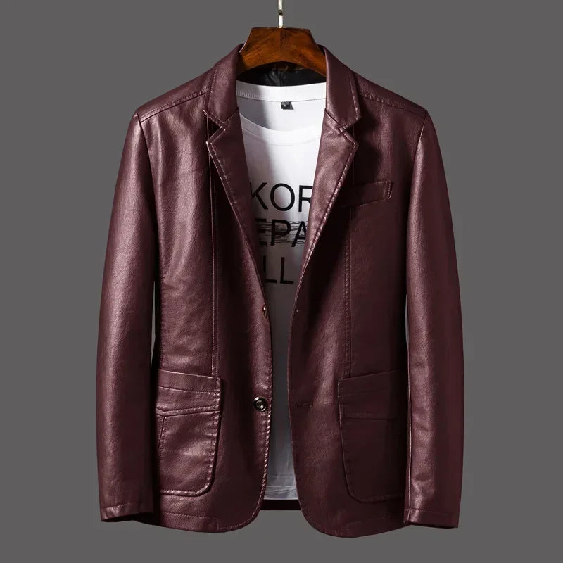 New Leather Jacket Men's Business Casual Lapel PU Leather Blazers Fashion Solid Slim Korean Style Leather Coat Big Size 6XL
