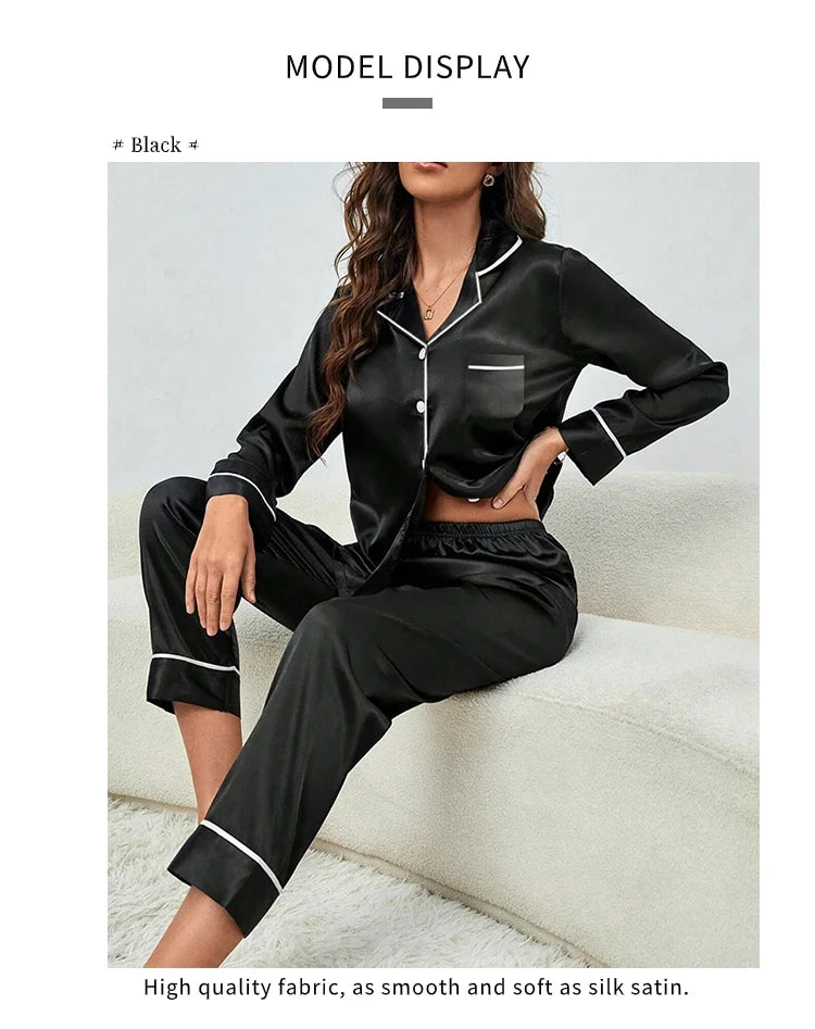 Plus Size Pajamas Women Fall and Winter Ice Silk Long Sleeve Two Piece Set Loungewear Nightwear Ladies Solid Color Sleepwear