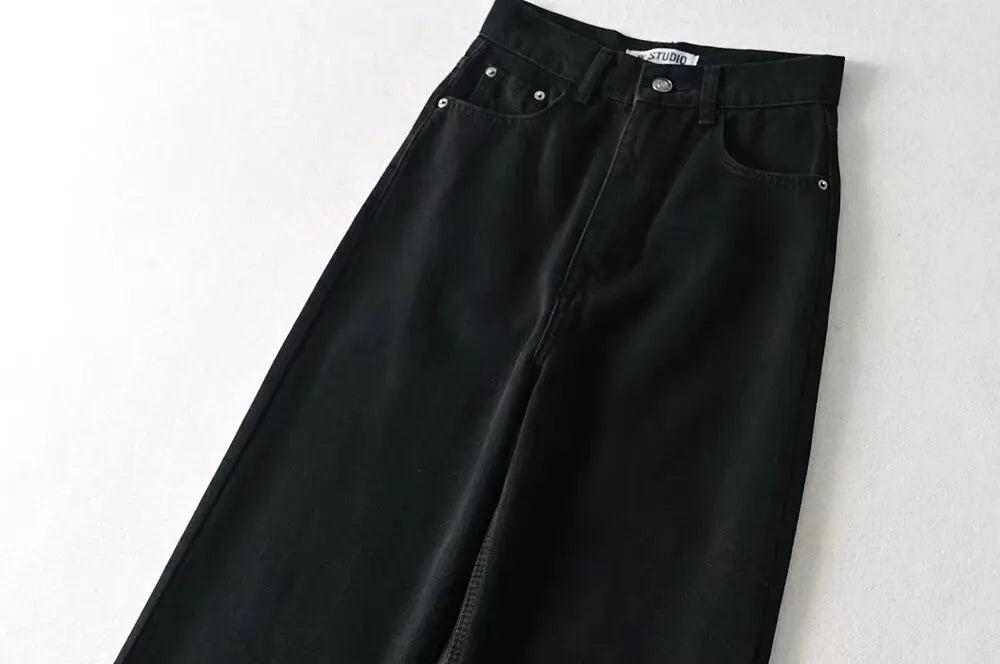 Jean Femme Taille Haute 2025 | Printemps-Automne | Décontracté Droit | Ourlet Brut Longueur Sol | Vintage