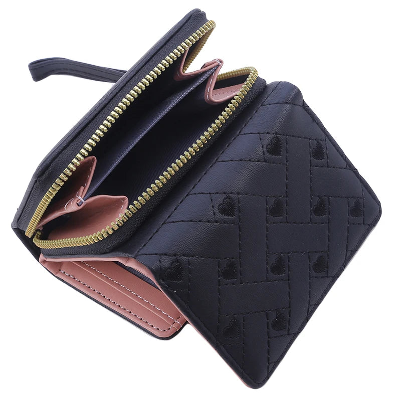 Women's Tri-Fold Wallet PU Card Holder Multi-Object Pocket Short Fashion Embroidered Love Pattern Korean Minimalist New 2023