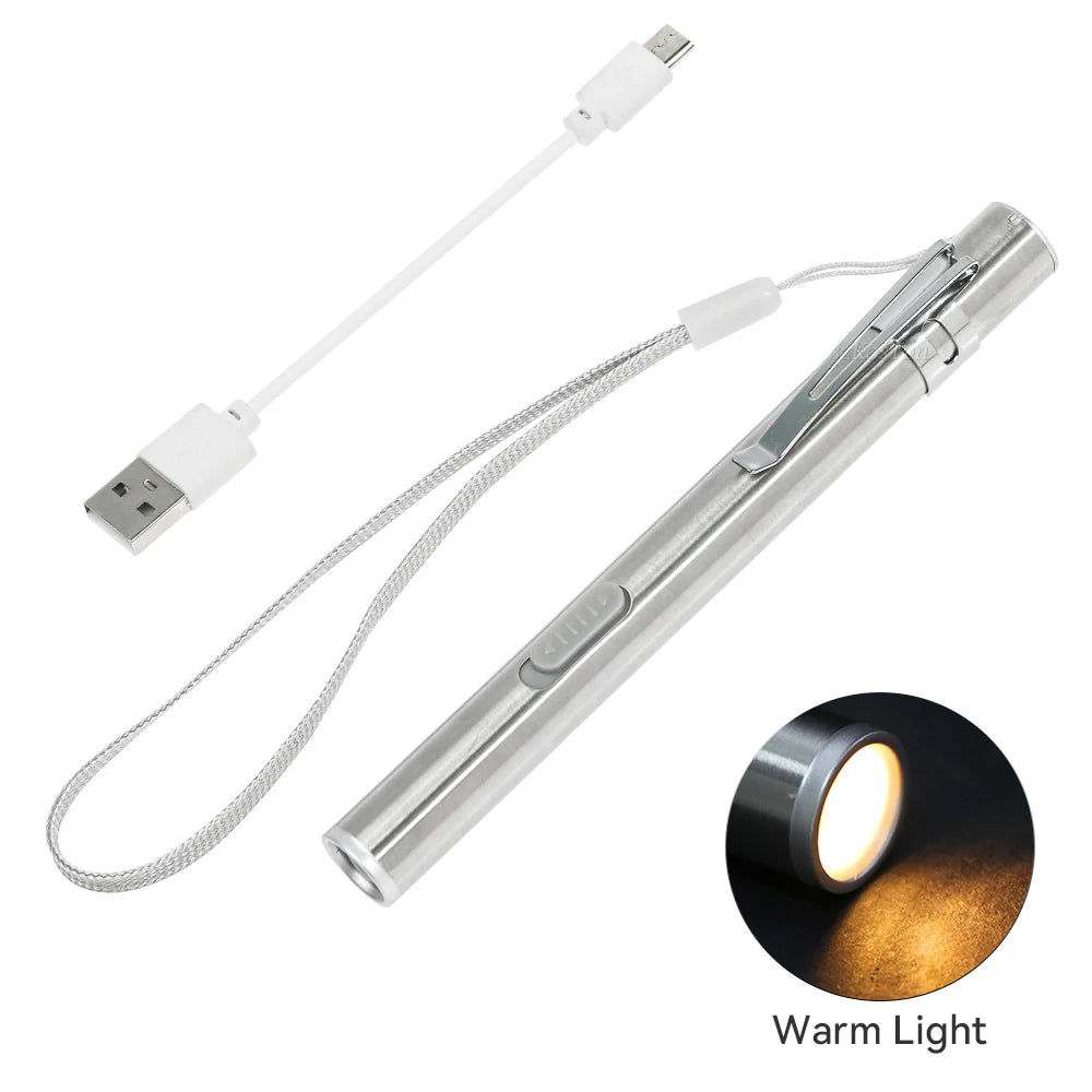 USB Rechargeable Portable Pen Light Handy Mini Medical Flashlight LED Torch Lamp with Stainless Steel Clip Pocket LED Lights