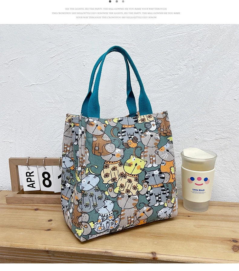 Fashionable Top-Handle Bag with Cute Cat Pattern, Portable Mommy Bag for Women
