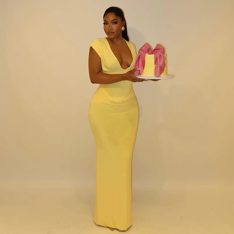 Robe Maxi Bodycon Jaune Froncée | Col V Sans Manches | Slim Longue | Soirée & Club | Femme