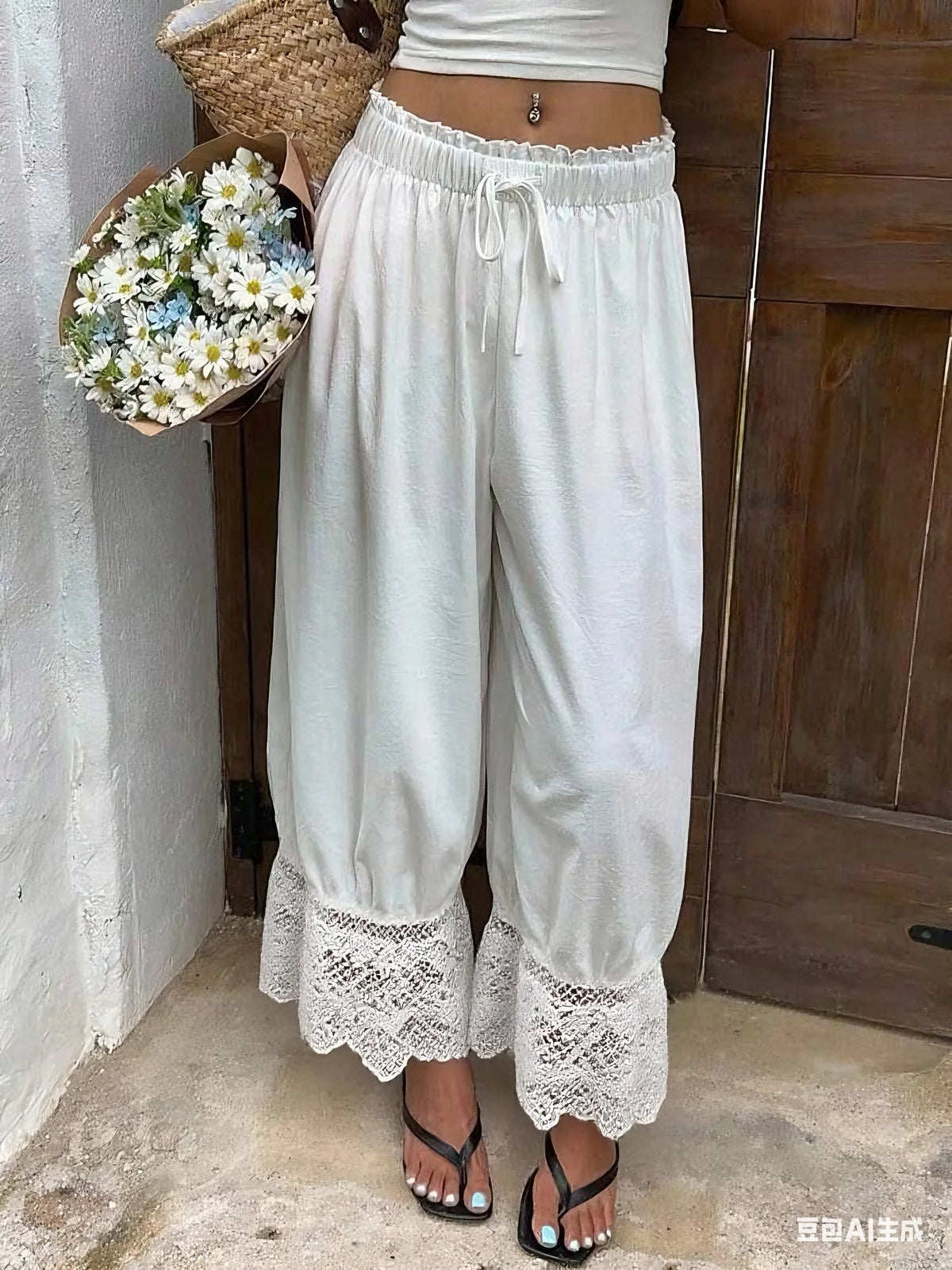 Women's Wide Leg Pants White Polyester Lace Trim Hem Casual Loose Fit Summer Trousers Wide Leg Pants