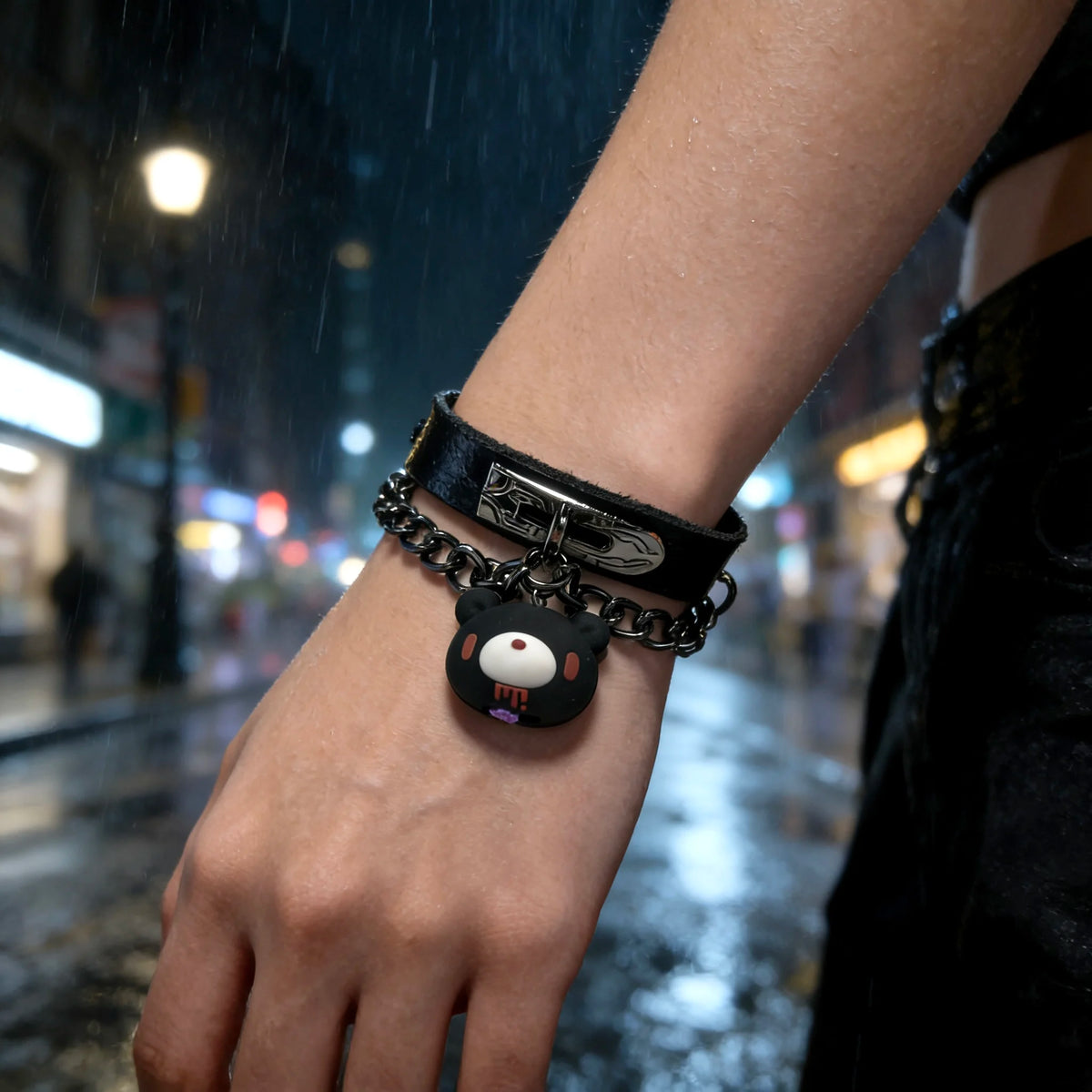 Cute Bear Charm Leather Bracelet Gothic Cute Style Adjustable Chain Wristband for Women Girls Daily Accessory