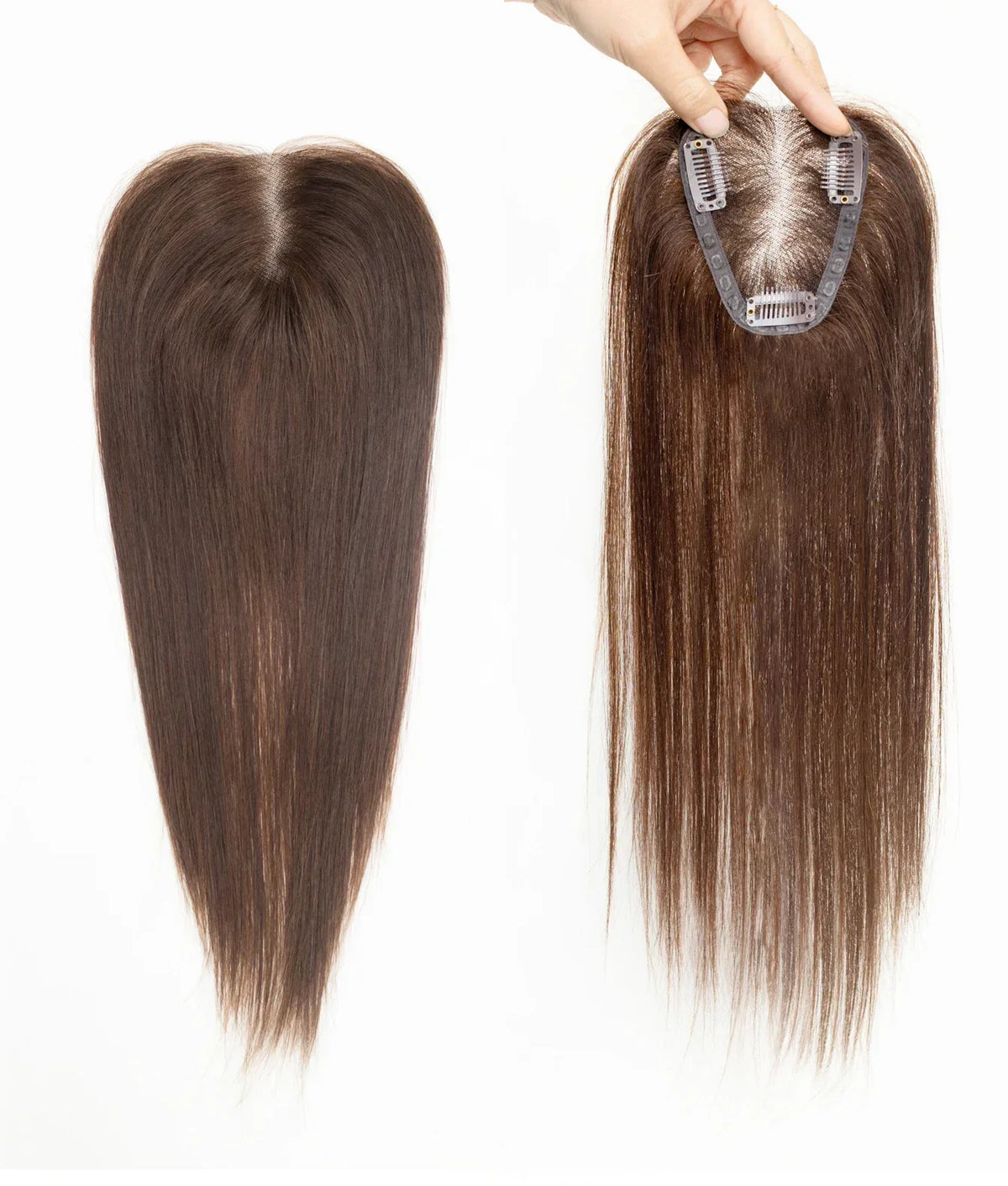 100% Human Hair Toppers Wigs with Bangs Silk Base Clip-in Hair Extensions for Women 16-inch Topper Hair