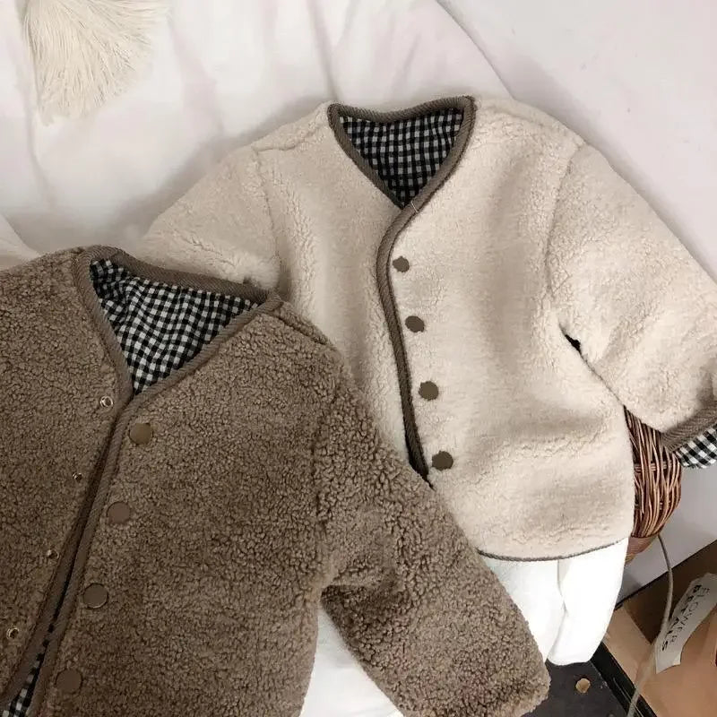 Fashion New Autumn and Winter Warm Jacket Two Sides Wear Plaid Plush Jacket Kids Jackets Winter Clothes DGUKYM 12042