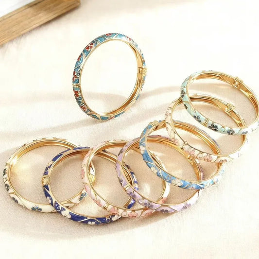 Colorful Enamel Floral Bangle Bracelet Retro Gold-Tone Open Cuff, Elegant Dainty Jewelry For Women Gifts