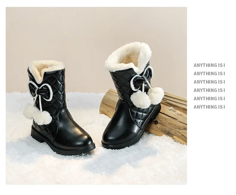 2025 Winter New Fashion Children Princess Boots Waterproof Girls Warm Boots with Bow Kids Snow Boots with Fur Plush