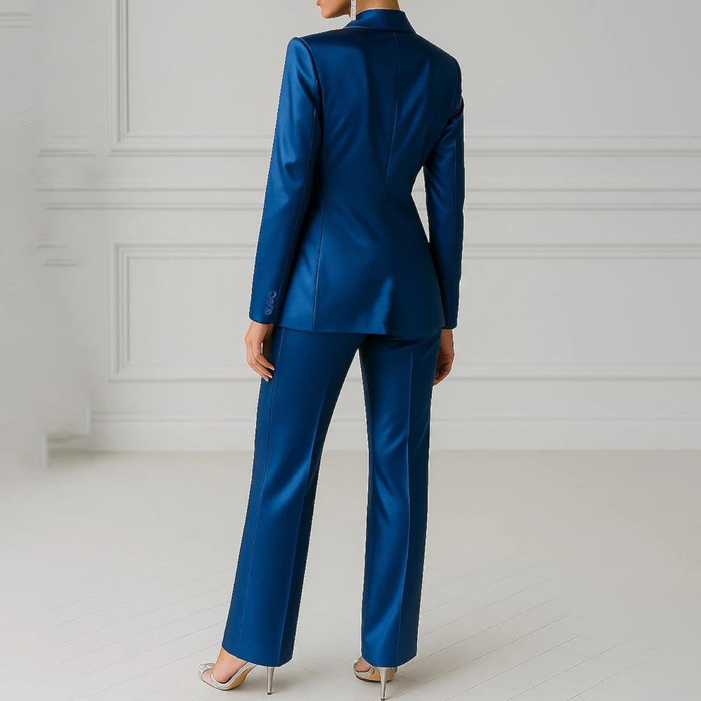 Elegant Blue Evening Women's Suits 2 Piece Jacket Pants Sets High Quality Royal Blue One-Button Slim Fit Office Blazer Clothing
