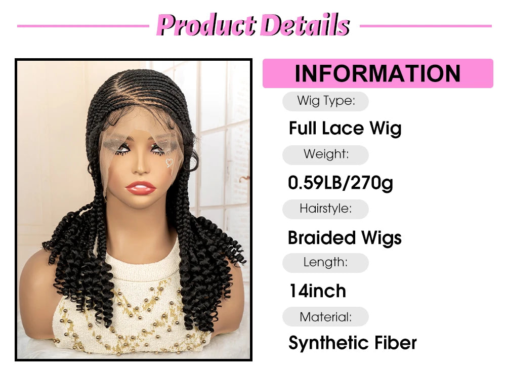 Full Lace Braided Wig with Curly Ends Synthetic Cornrow Braids Wig for Black Women Lace Frontal Afro Knotless Braiding Wigs