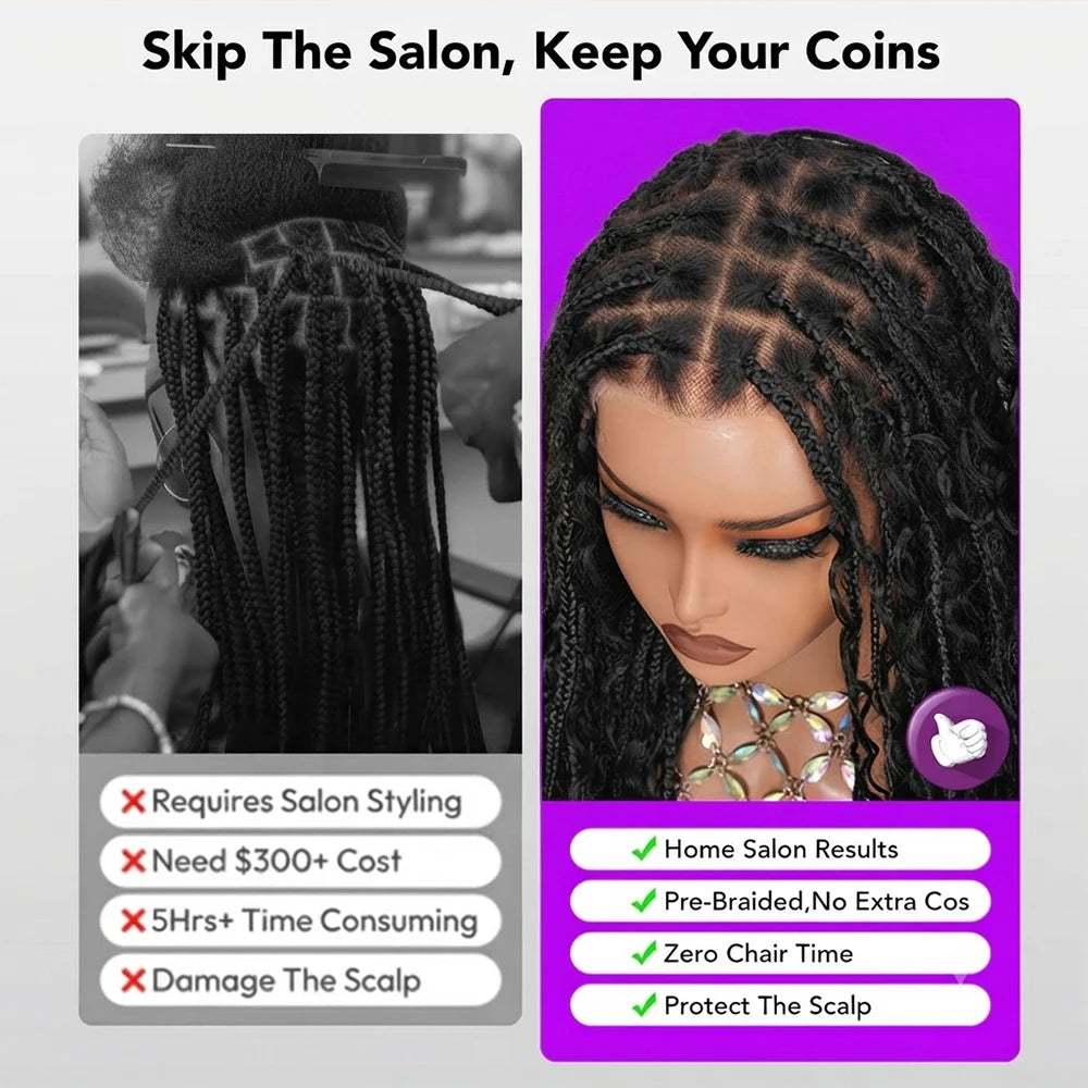Glueless Knotless Braided Wigs Water Wave 13x6 HD Lace Human Hair Frontal Wigs Pull Go Glueless Wigs Human Hair With Drawstring