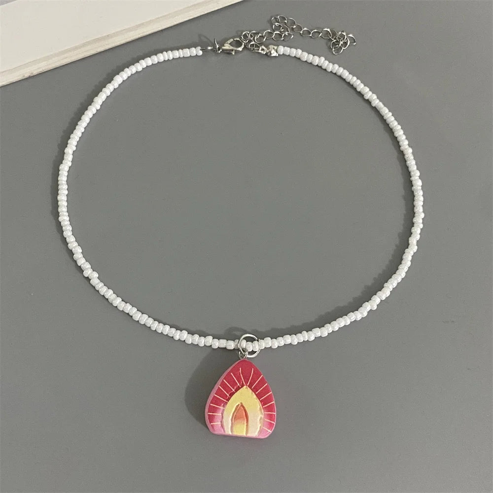 Collier Pendentif Fruits Fait Main | Perles Riz Bohème | Choker Pastèque Citron Fraise | Bijou Fille Femme