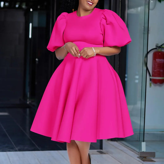Elegant Dresses for Women 2024 O Neck Short Sleeve High Waisted Pleated Mid Calf Luxury Female Birthday Party Dinner Vestidos