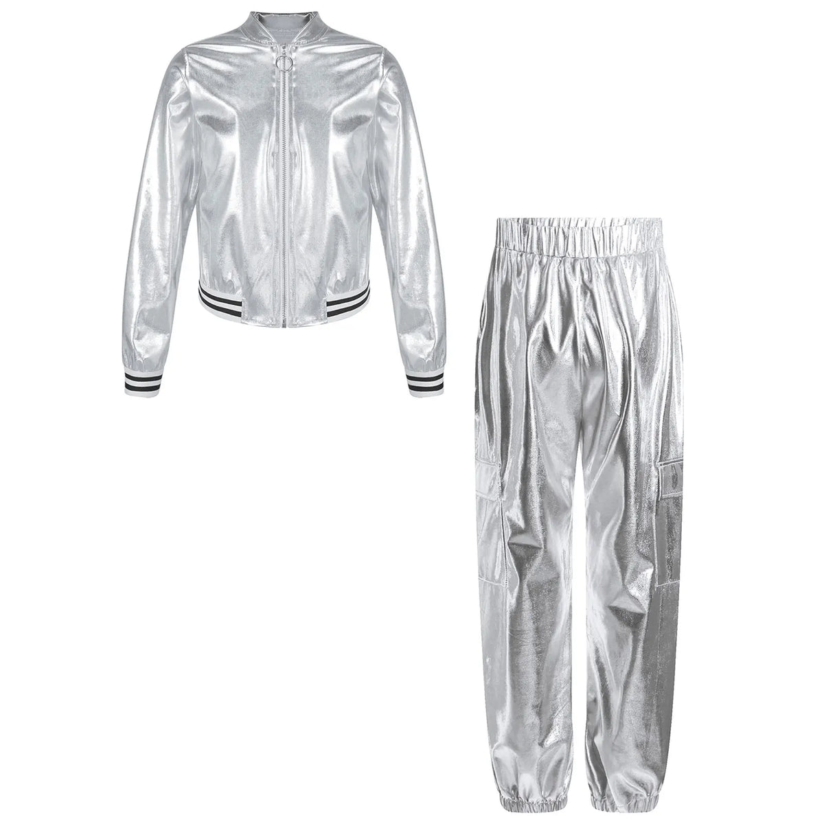 Ensemble Danse Fille Hip Hop | Veste Bomber Métallique & Pantalon | Costume Scène Carnaval Jazz