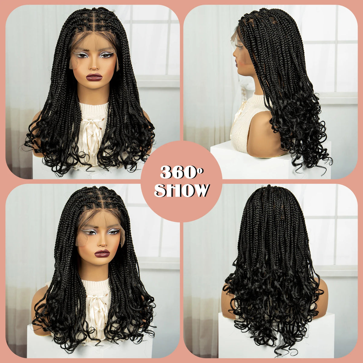 Perruque Tressée 360 Full Lace Synthétique | Knotless Box Braids | Baby Hair | Boho Boucles Extrémités | Femme