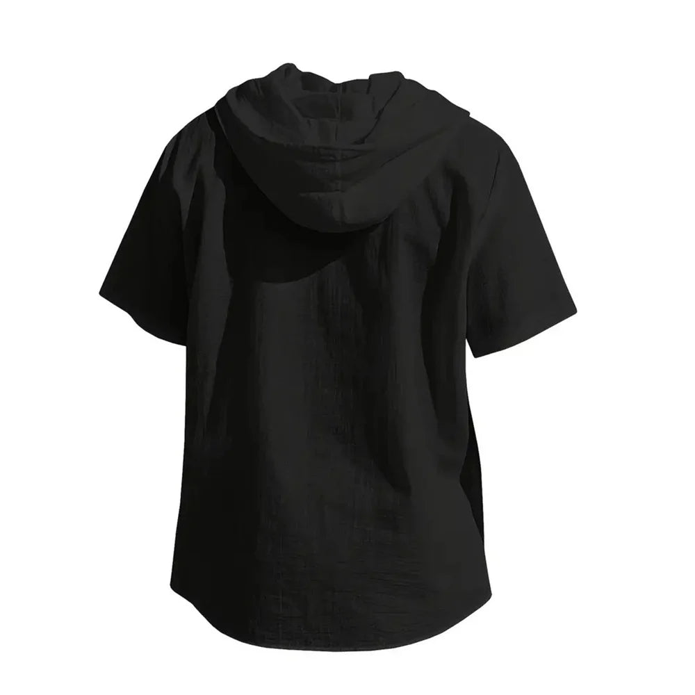 Men's Cotton Linen Hooded Short Sleeve Solid Color Breathable Lightweight Drawstring Design Shirts Casual Basic Tees