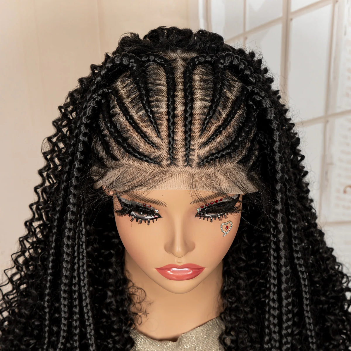 13x6 Lace Frontal Synthetic Braids Wig 22 Inches Cornrow Braided Wig with Curly Handmade Knotless Braiding Wig for Black Women