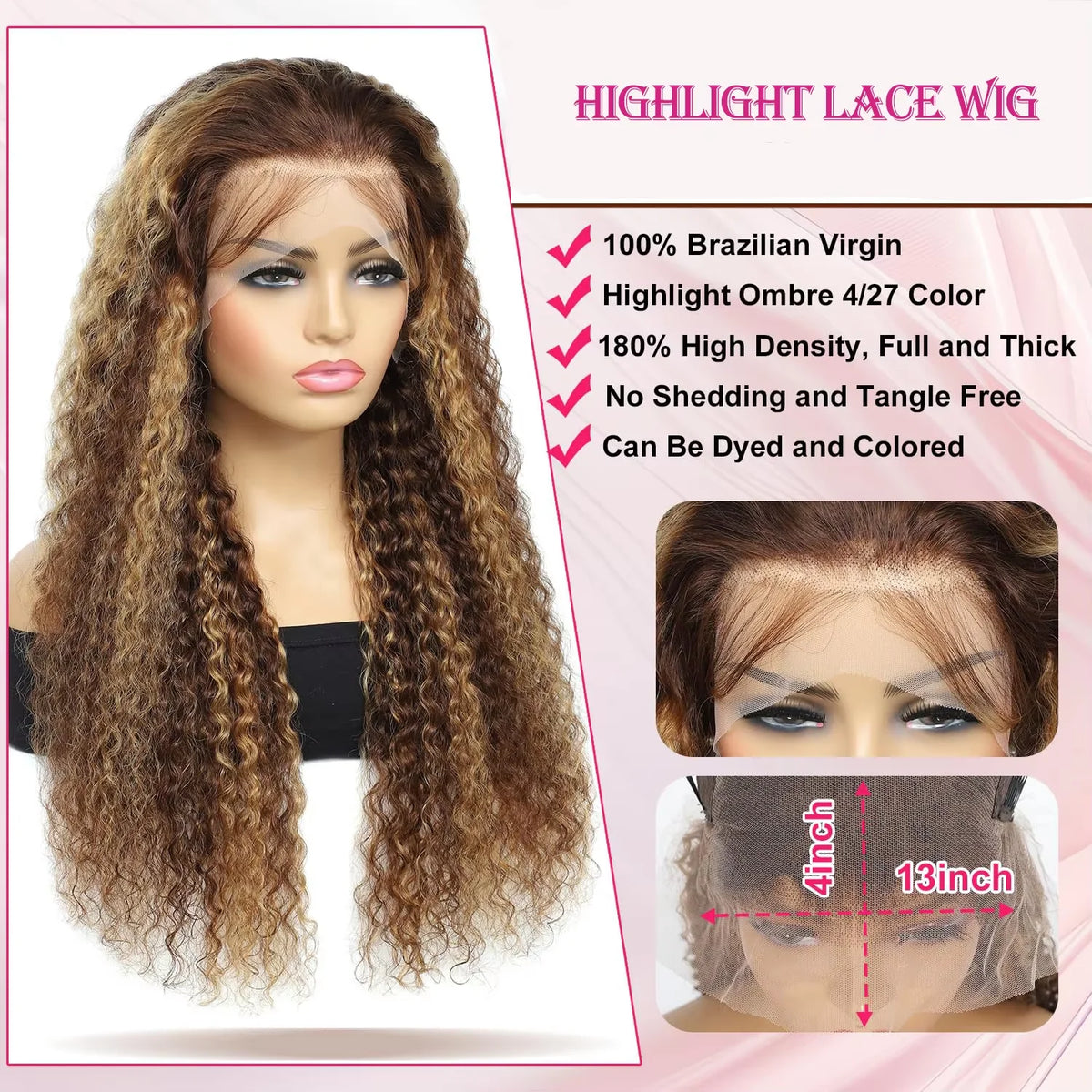 Perruque Deep Water Wave Highlight | Coloris 4/27 Miel Brun Ombré | 13x4 HD Lace Frontal | Cheveux Humains | Femme