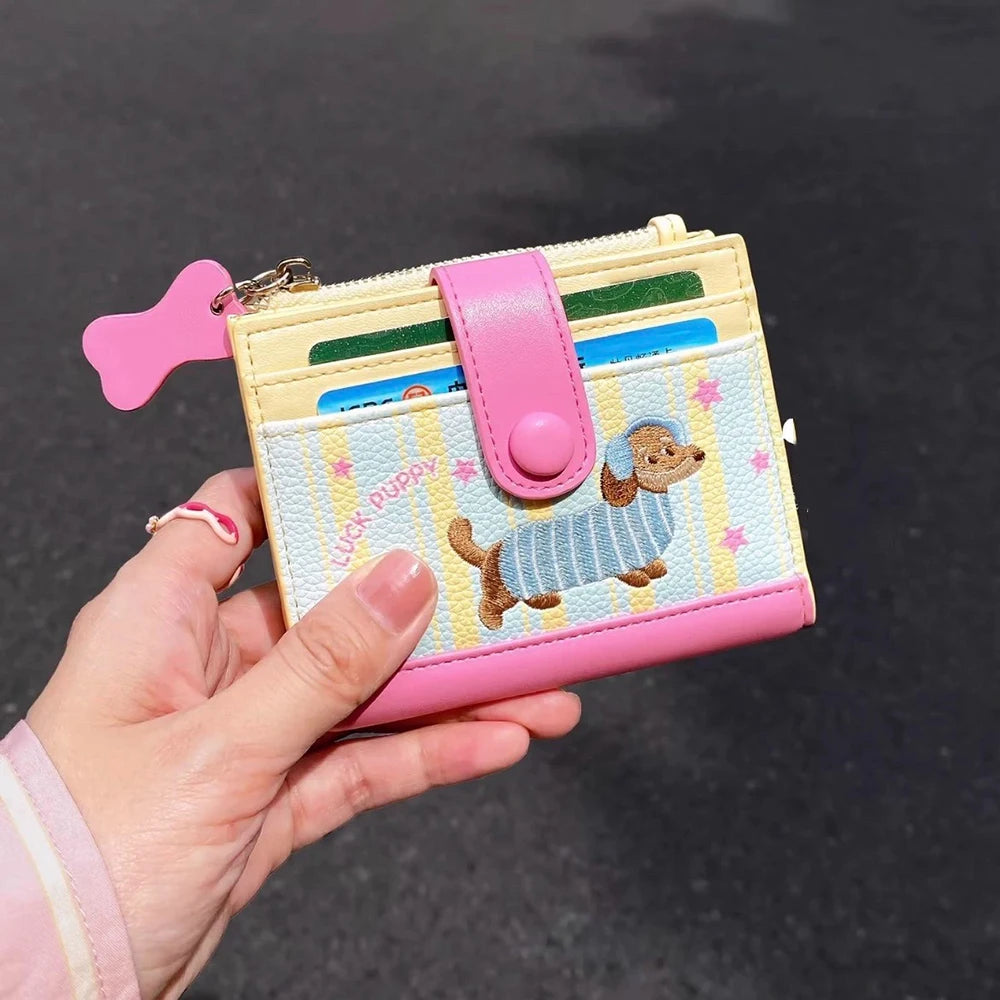 Women's Cute Cartoon Embroidered Sausage Dog Wallet Zipper Coin Purse Double Fold Card Holder Wallet Ultra Thin Leather Money Clip