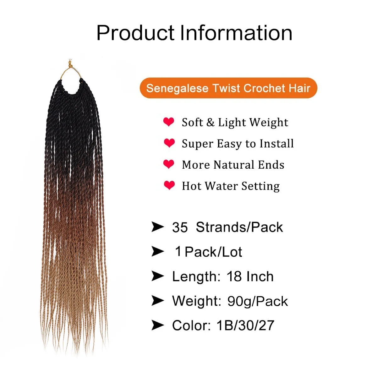 Tresses Crochet Senegalese Twist Pré-Bouclées | 18 Pouces | Pré-Loop | 35 Brins/Pack | Synthétique